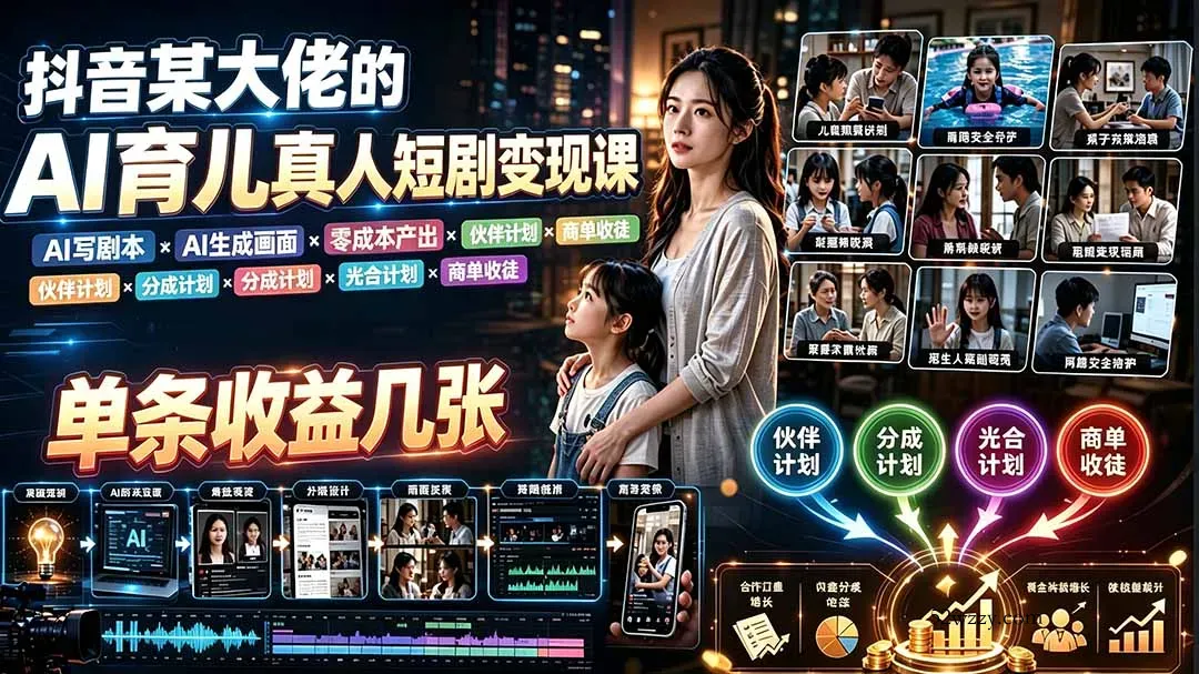 AI育儿真人短剧变现课：AI写剧本×AI生成画面×零成本产出×伙伴计划×分成计划×光合计划×商单收徒-微众资源