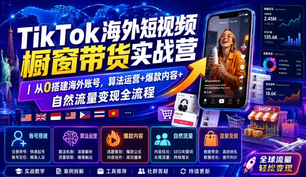 TikTok海外短视频橱窗带货实战营｜从0搭建海外账号，算法运营+爆款内容+自然流量变现全流程-微众资源