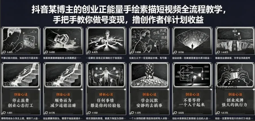 抖音某博主的创业正能量手绘素描短视频全流程教学，手把手教你做号变现，撸创作者伙伴计划收益-微众资源
