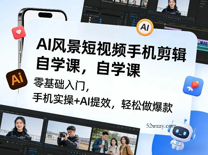 AI风景短视频手机剪辑自学课，零基础入门，手机实操+AI提效，轻松做爆款-微众资源