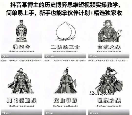 抖音某博主的历史博弈思维短视频实操教学，简单易上手，新手也能拿伙伴计划+精选独家收益-微众资源