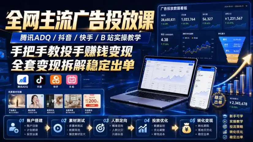 全网主流广告投放课，腾讯ADQ / 抖音 / 快手 / B 站实操教学，手把手教投手赚钱变现，全套变现拆解稳定出单-微众资源