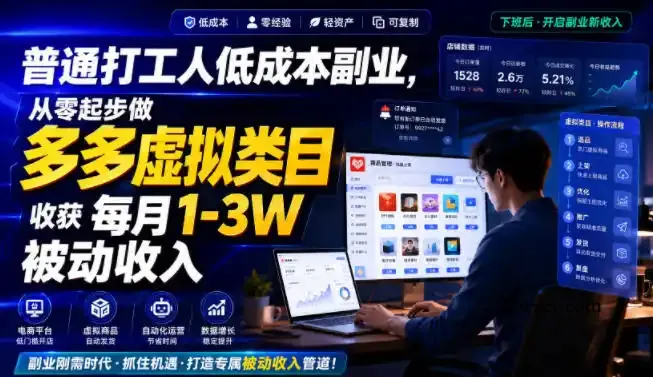 普通打工人低成本副业，从零起步做多多虚拟类目，收获每月1-3W被动收入【揭秘】-微众资源