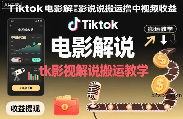 Tiktok电影解说搬运撸中视频收益，tk影视解说搬运教学-微众资源