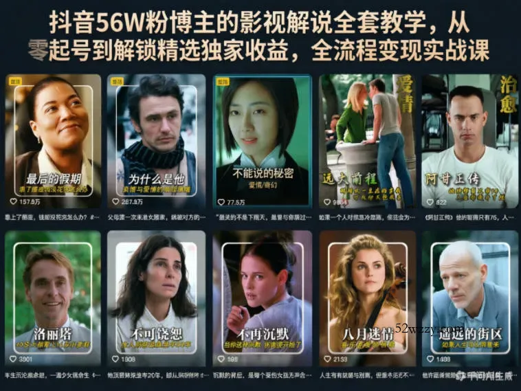 抖音56W粉博主的影视解说全套教学，从零起号到解锁精选独家收益，全流程变现实战课-微众资源
