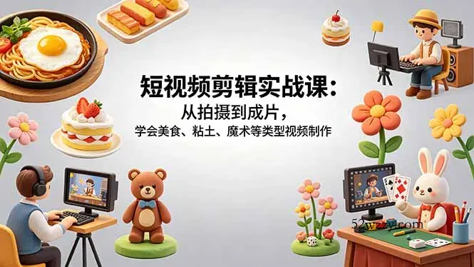 短视频剪辑实战课：从拍摄到成片，学会美食、粘土、魔术等类型视频制作-微众资源