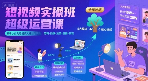 短视频实操班超级运营课，新手小白到短视频大神必修课程，剪辑-拍摄-运营-直播-变现-微众资源