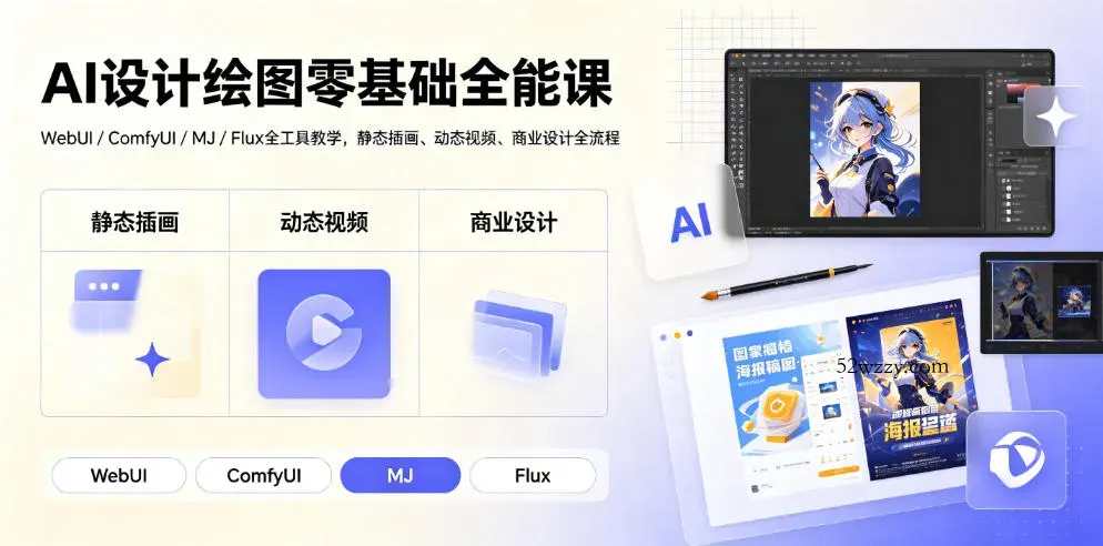AI设计绘图零基础全能课｜WebUI/ComfyUI/MJ/Flux全工具教学，静态插画、动态视频、商业设计全流程-微众资源