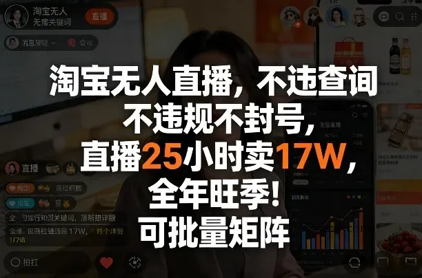 淘宝无人直播，不违规不封号，直播25小时卖17W，全年旺季！可批量矩阵【揭秘】-微众资源