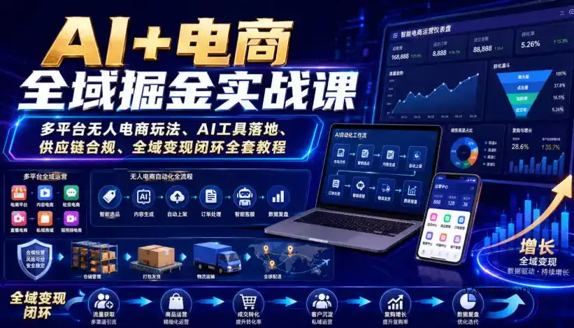 AI+电商全域掘金实战课|多平台无人电商玩法、AI工具落地、供应链合规、全域变现闭环全套教程-微众资源