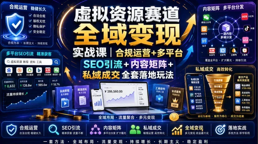 虚拟资源赛道全域变现实战课｜合规运营+多平台SEO引流+内容矩阵+私域成交全套落地玩法-微众资源