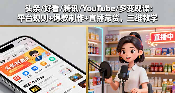 头条/好看/腾讯/YouTube/多变现课：平台规则+爆款制作+直播带货，三维教学-微众资源