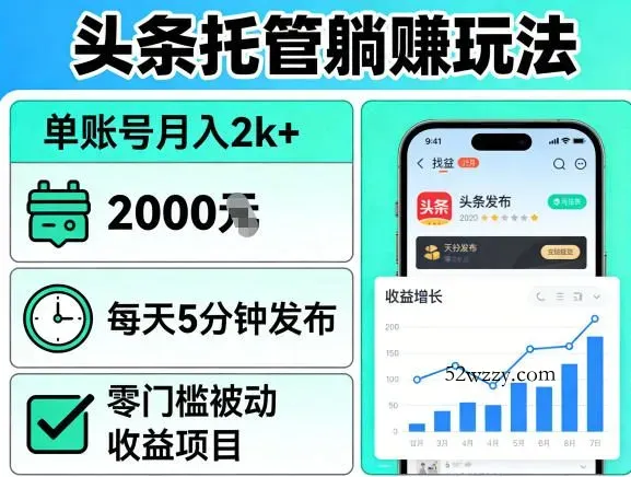 头条托管躺賺玩法，单账号月入2k+，每天5分钟发布即可，零门槛被动收益项目【揭秘】-微众资源