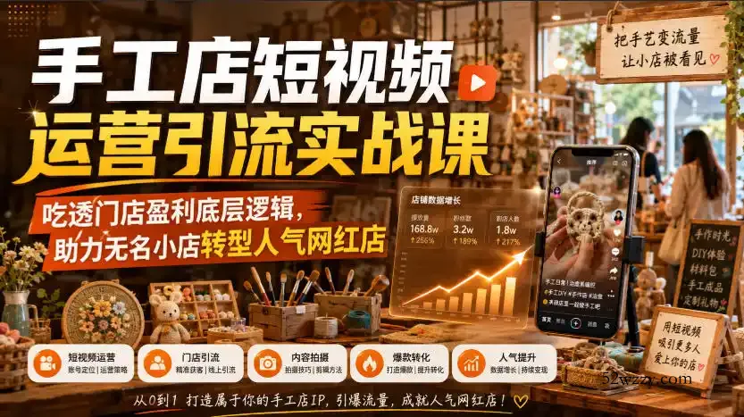 手工店短视频运营引流实战课,吃透门店盈利底层逻辑,助力无名小店转型人气网红店