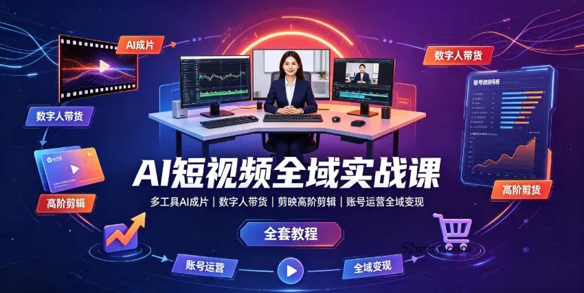 AI短视频全域实战课｜多工具AI成片、数字人带货、剪映高阶剪辑、账号运营全域变现全套教程-微众资源