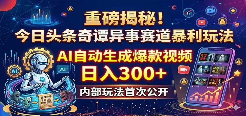 重磅揭秘！今日头条奇谭异事赛道暴利玩法：AI自动生成爆款视频，日入300+-微众资源