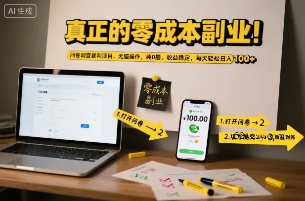 真正的零成本副业！问卷调查暴利项目，无脑操作，纯0撸，收益稳定，每天轻松日入100+【揭秘】-微众资源
