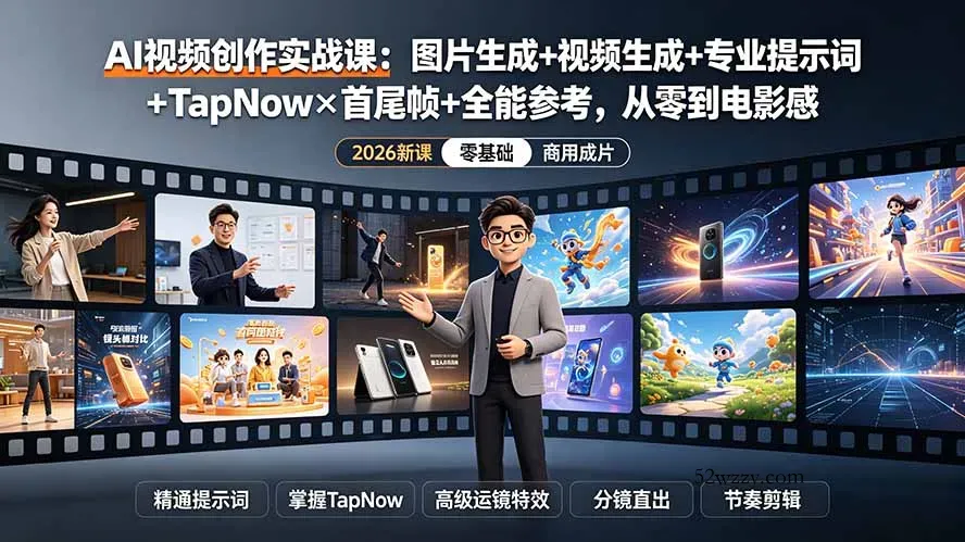 AI视频创作实战课：图片生成+视频生成+专业提示词+TapNow×首尾帧+全能参考，从零到电影感成片-微众资源