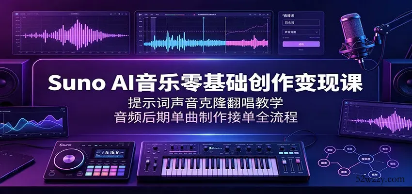 Suno AI音乐零基础创作变现课：提示词声音克隆翻唱教学，音频后期单曲制作接单全流程-微众资源