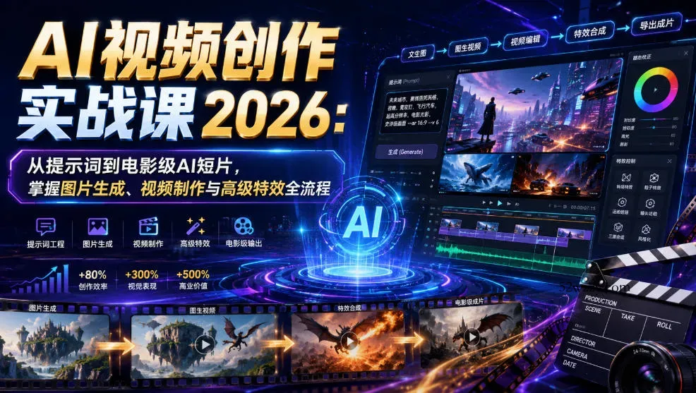 AI视频创作实战课2026:从提示词到电影级AI短片,掌握图片生成、视频制作与高级特效全流程