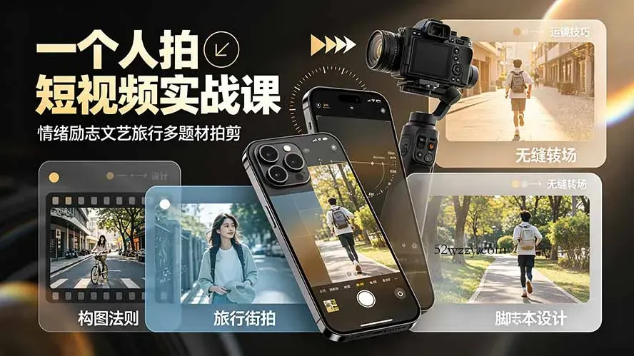 一个人拍短视频实战课：情绪励志文艺旅行多题材×五大景别×黄金构图×八大运镜，从拍摄到成片高效创作-微众资源
