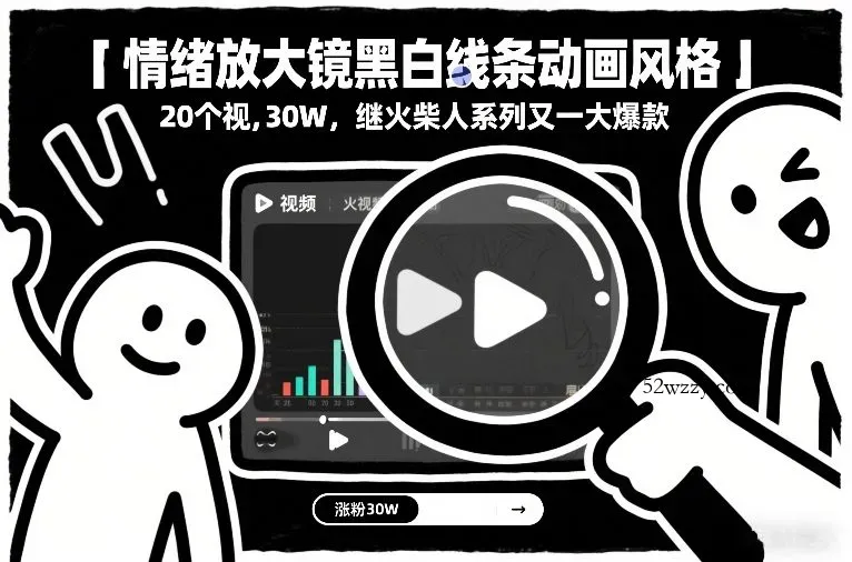 情绪放大镜黑白线条动画风格，20个视频，涨粉30W，继火柴人系列又一大爆款-微众资源