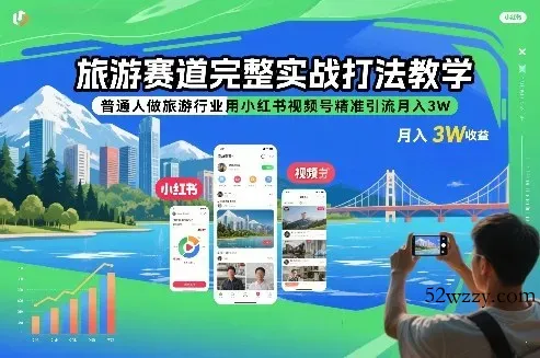 旅游赛道完整实战打法教学，普通人做旅游行业用小红书视频号精准引流月入3W-微众资源