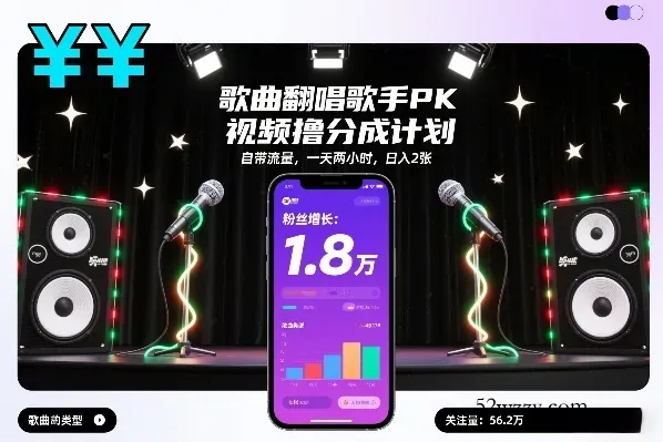 歌曲翻唱歌手PK视频撸分成计划，自带流量，一天两小时，日入2张-微众资源