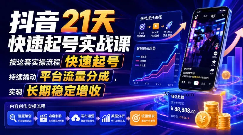抖音21天快速起号实战课，按这套实操流程快速起号，持续撬动平台流量分成，实现长期稳定增收-微众资源