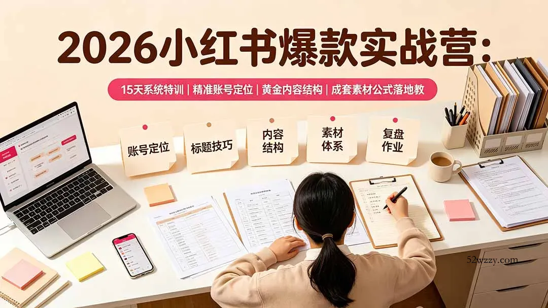 2026小红书爆款实战营：15天系统特训｜精准账号定位｜黄金内容结构｜成套素材公式落地教程-微众资源