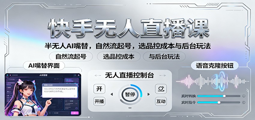 快手无人直播课：半无人AI嘴替，自然流起号，选品控成本与后台玩法-微众资源