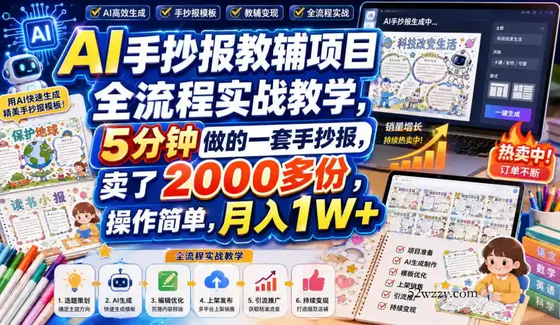 AI手抄报教辅项目全流程实战教学,5分钟做的一套手抄报,卖了2000多份,操作简单,月入1W+-微众资源