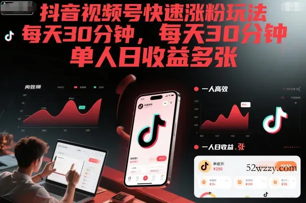 抖音视频号快速涨粉玩法，每天30分钟，单人日收益多张-微众资源
