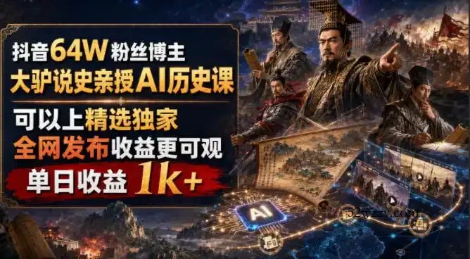 抖音64W粉丝博主大驴说史亲授AI历史课,可以上精选独家,全网发布收益更可观,单日收益1k+