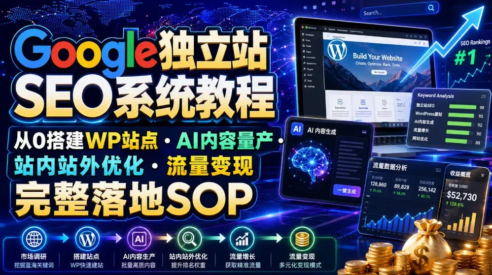 Google独立站SEO系统教程，从0搭建WP站点・AI内容量产・站内站外优化・流量变现完整落地SOP(2026年7月)-微众资源