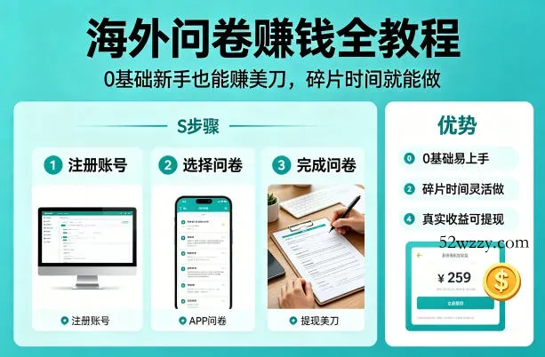 海外问卷賺钱全教程，0基础新手也能賺美刀，碎片时间就能做-微众资源