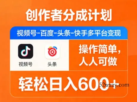 创作者分成计划，视频号-百度-头条-快手多平台变现，操作简单，人人可做，轻松日入600+-微众资源
