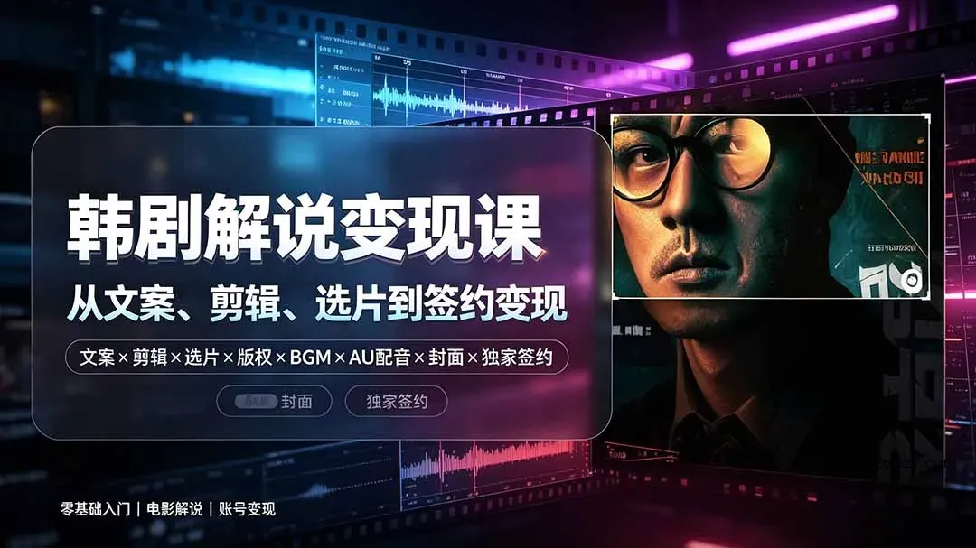 抖音270W粉丝博主亲授韩剧解说课：文案×剪辑×选片×版权×BGM×AU配音×封面×独家签约，零基础到变现-微众资源
