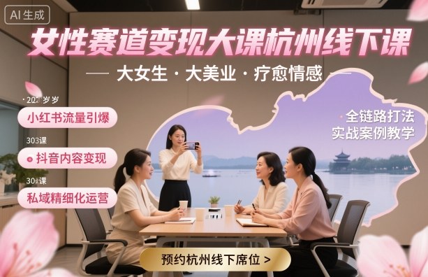 女性赛道变现大课杭州线下，大女生，大美业，疗愈情感，一套小红书、抖音、私域全链路打法-微众资源
