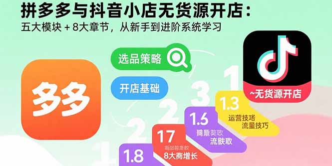 拼多多与抖音小店无货源开店：五大模块+8大章节，从新手到进阶系统学习-微众资源