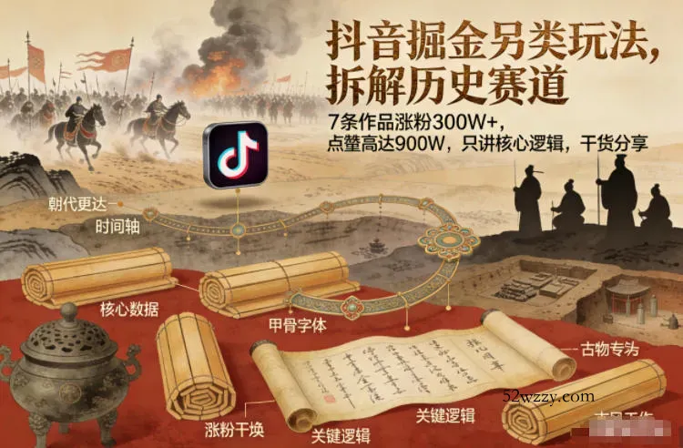 抖音掘金另类玩法，拆解历史赛道，7条作品涨粉300W+，点赞量高达900W，只讲核心逻辑，干货分享-微众资源