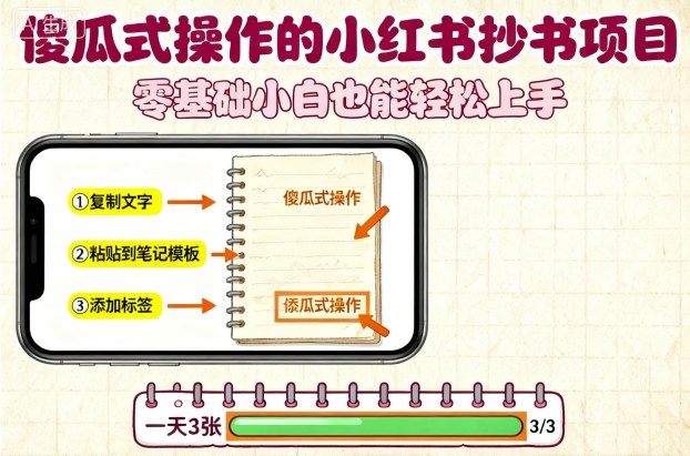 傻瓜式操作的小红书抄书项目，会复制粘贴就行，零基础小白也能一天3张-微众资源