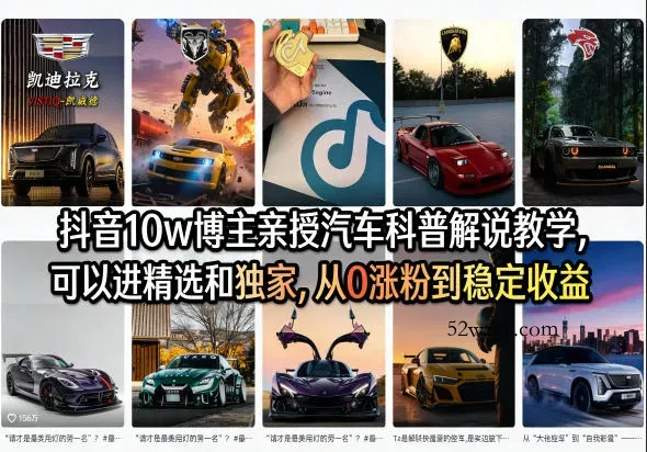 抖音10w博主亲授汽车科普解说教学，可以进精选和独家，从0涨粉到稳定收益(详细视频课程+1T素材)-微众资源