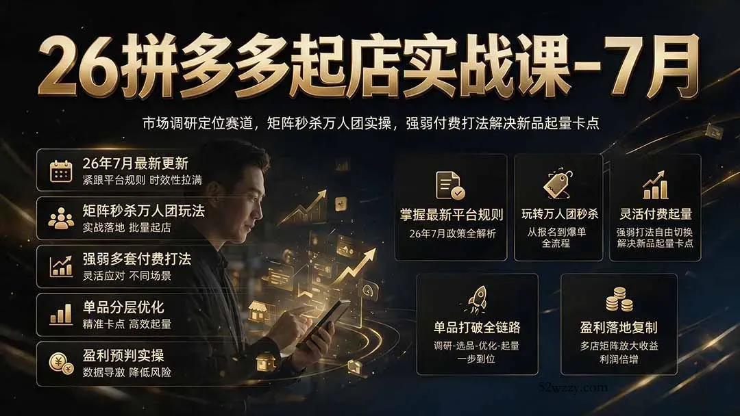 26拼多多起店实战课-7月｜市场调研定位赛道，矩阵秒杀万人团实操，强弱付费打法解决新品起量卡点-微众资源