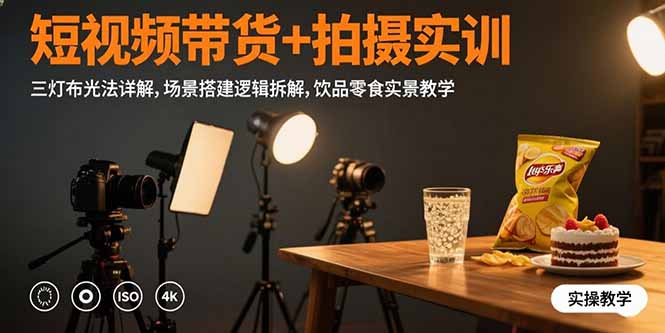短视频带货+拍摄实训：三灯布光法详解,场景搭建逻辑拆解,饮品零食实景教学-微众资源