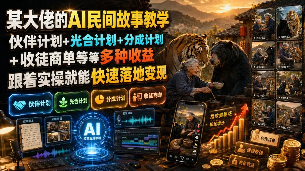 某大佬的AI民间故事教学，伙伴计划+光合计划+分成计划+收徒商单等多种收益，跟着实操就能快速落地变现-微众资源