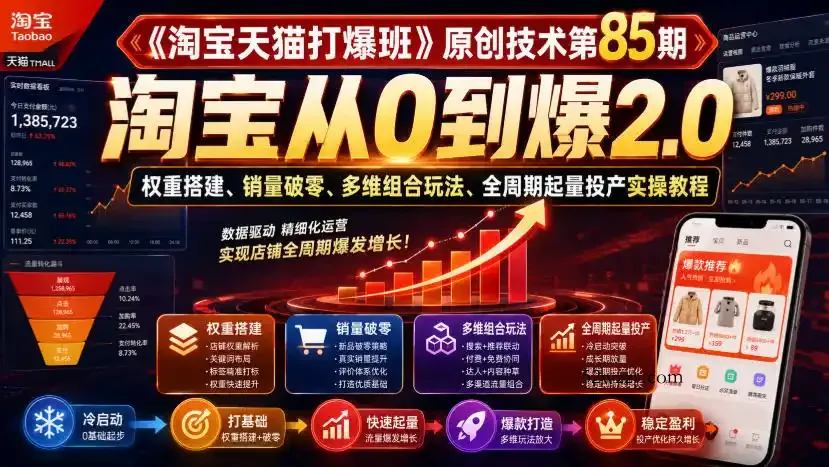 《淘宝天猫打爆班》原创技术第85期，淘宝从0到爆2.0，权重搭建、销量破零、多维组合玩法、全周期起量投产实操教程-微众资源
