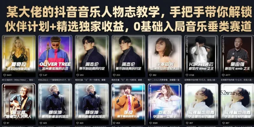 某大佬的抖音音乐人物志教学，手把手带你解锁伙伴计划+精选独家收益，0基础入局音乐垂类赛道-微众资源