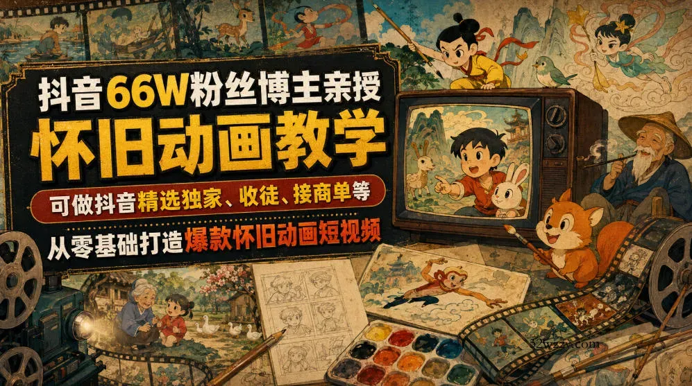 抖音66W粉丝博主亲授怀旧动画教学，可做抖音精选独家、收徒、接商单等，从零基础打造爆款怀旧动画短视频-微众资源