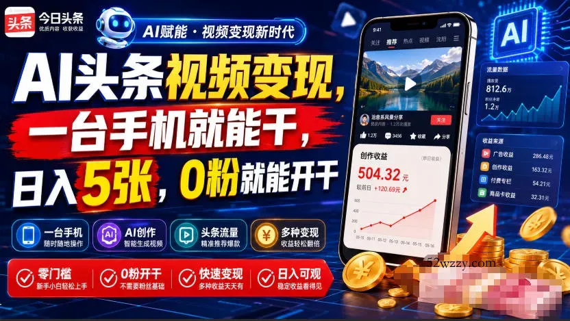 AI头条视频变现,一台手机就能干,日入5张,0粉就能开干-微众资源
